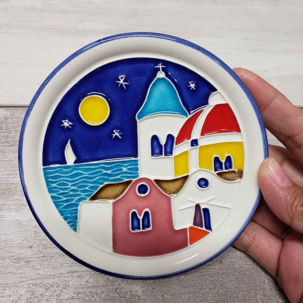 Hand-Painted Ceramic Wall Plate Mediterranean Village Scene with Hanging Wire
